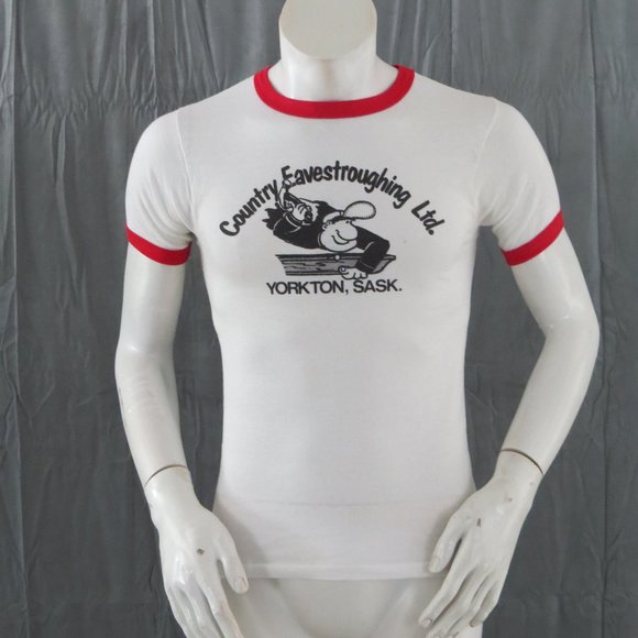 Vintage Graphic T-shirt - Country Eavestroughing Ringer Tee - Men's Small - Picture 1 of 7
